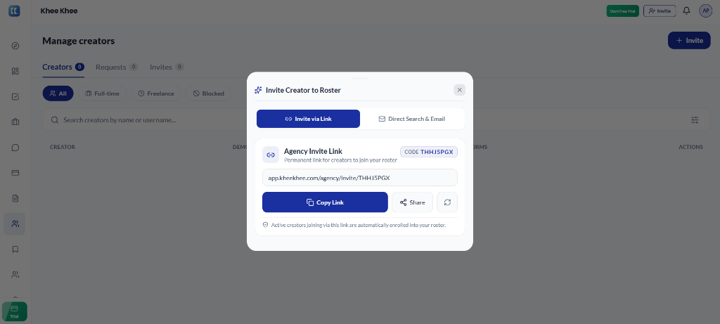 Khee Khee Influencer Marketing Platform Dashboard - Creator Roster